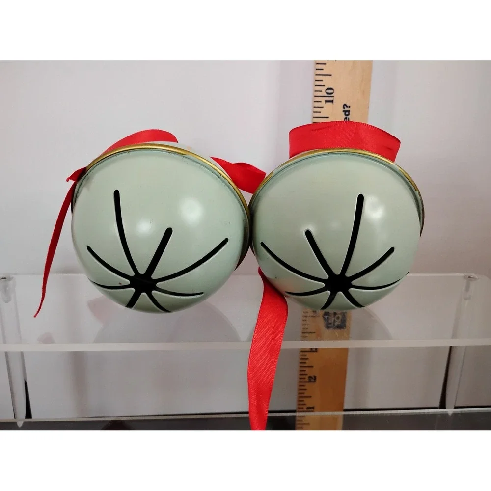 Set of 2 Mint Green Metal Jingle Bell Ornaments with Red Ribbon and Gold Stars